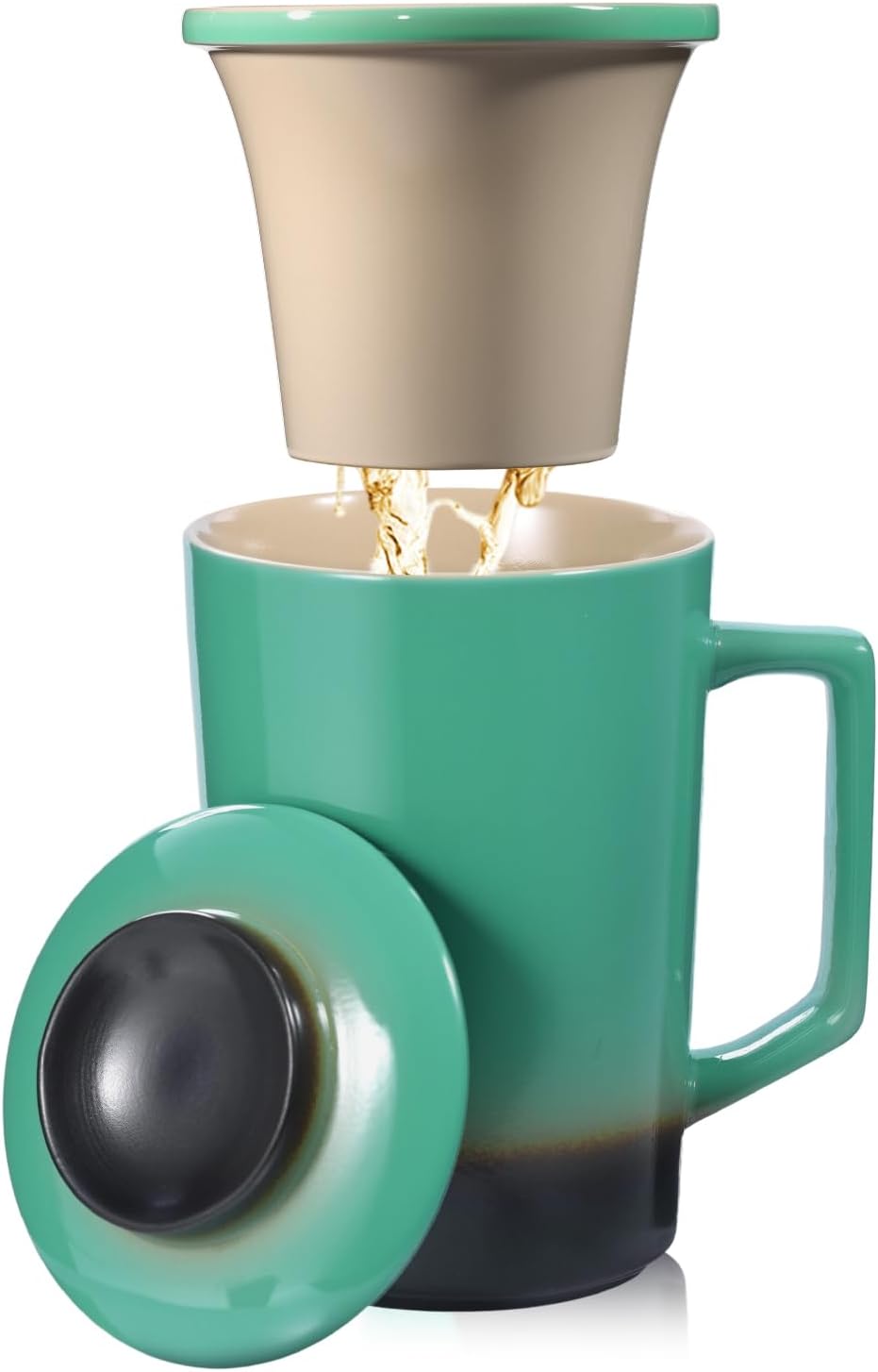 15 oz Ceramic Tea Infuser Cup with Lid - Tea Mug with All Porcelain Strainer for Loose Leaf Teas,Microwave and Dishwasher Safe,Metal-Free,BPA-Free for Tea Lovers/Birthday (Black)