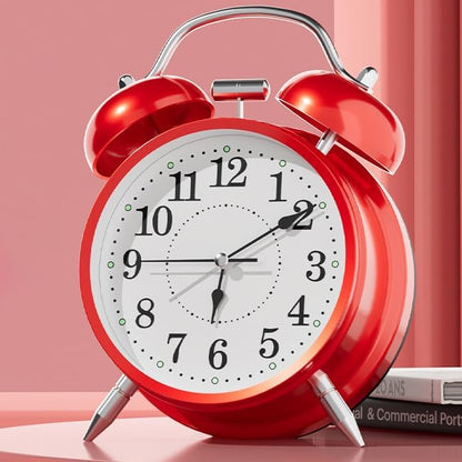 4 Inches Analog Alarm Clocks Retro Backlight Cute Simple Design with Night Light Silent Non-Ticking Battery Operated [Red]
