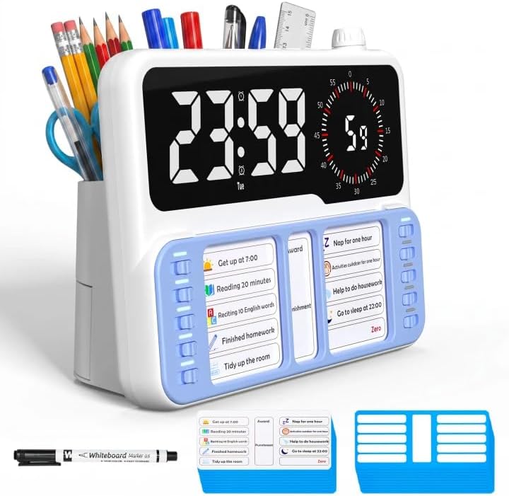 7-in-1 Visual ADHD Timer for Kids with Chore Chart Board, ADHD Tools Schedule for Kids with Autism, Alarm, Countdown, Date, Temperature, Storage, Daily Checklist for Home/School/Classroom/Desk(Pink)
