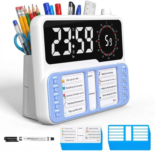 7-in-1 Visual ADHD Timer for Kids with Chore Chart Board, ADHD Tools Schedule for Kids with Autism, Alarm, Countdown, Date, Temperature, Storage, Daily Checklist for Home/School/Classroom/Desk(Pink)
