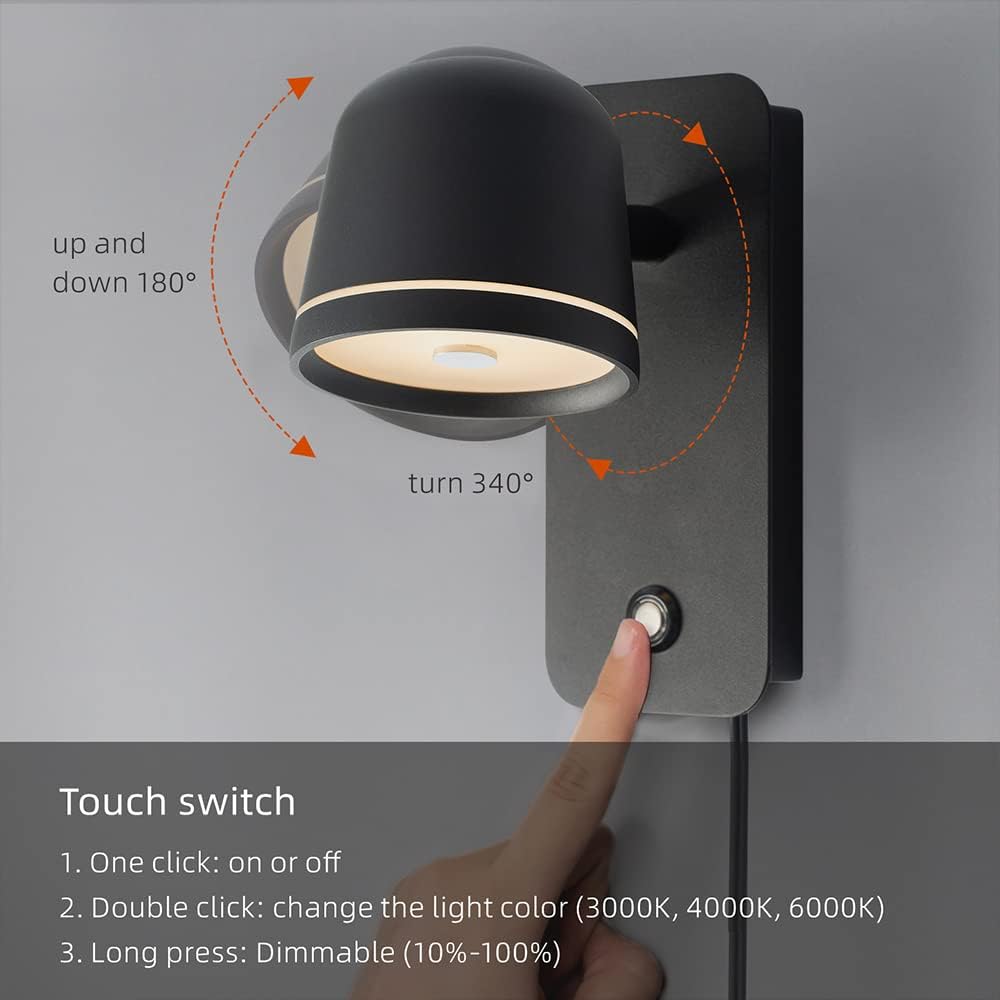 Aisilan LED Plug in Wall Sconce with Touch Dimmable Control Adjustable Wall Mounted Lamp Angle Anti-Glare Matte White Aluminum Bedside Reading Wall Lights for Bedroom Living Room