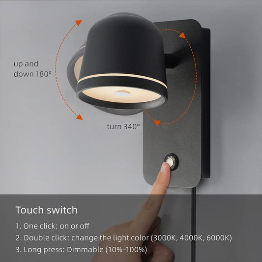 Aisilan LED Plug in Wall Sconce with Touch Dimmable Control Adjustable Wall Mounted Lamp Angle Anti-Glare Matte White Aluminum Bedside Reading Wall Lights for Bedroom Living Room
