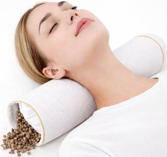 Buckwheat Pillow for Neck Pain, Organic Buckwheat Hull Neck Roll, Adjustable Cervical Support Bolster for Sleeping, 100% Cotton Cover, Breathable & Cooling (Standard Size, White)