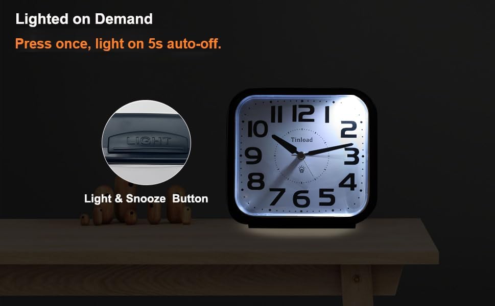 Tinload 5.5" Loud Bell Alarm Clock for Heavy Sleepers Adults, Silent No Ticking,Snooze,Lighted on Demand,Battery Operated Alarm Clocks for Bedrooms (Black)