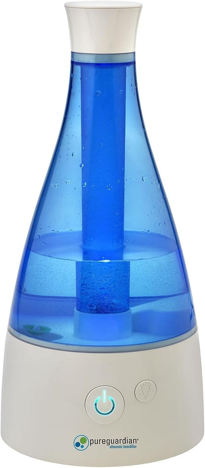 PureGuardian Ultrasonic Cool Mist Humidifier, 30 Hrs. Run Time, 0.5 Gal. Tank Capacity, 350 Sq. Ft. Coverage, Small Rooms, Quiet, Filter Free, Silver Clean Treated Tank, H940AR