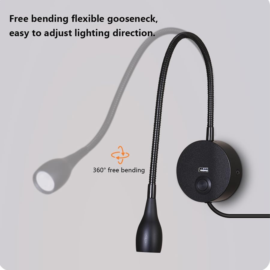 LED Reading Lamp 3W Warm White 3000K for Reading Books Black Plug Cord 2PCS (RS032)