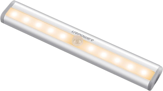 URPOWER Motion Sensor Light Indoor, 10 LED Motion Sensor Closet Lights Battery Operated Magnetic Under Cabinet Lights Strip Wireless Stick Up Night Lights Bar for Hallway Stair (1 Pack, Warm White)