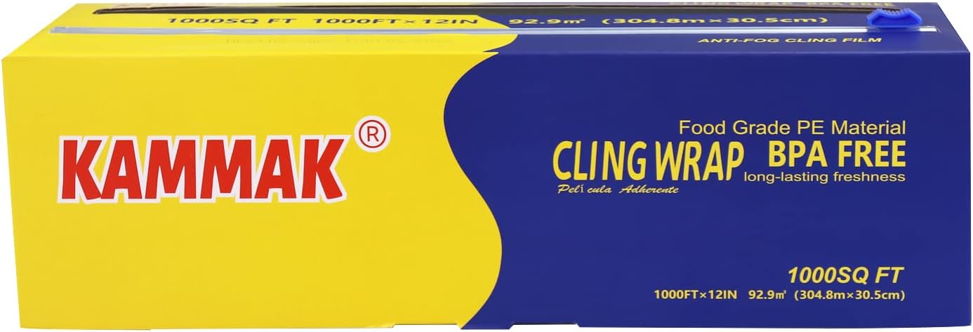 KAMMAK Plastic Wrap Food Cling Wrap with Slide Cutter 15 inch Restaurant Cling Film 2000 Ft Bulk Roll Refillable Food Service Cling Wrap Dispenser Quick Cut Anti-Fog Cling Film for Kitchen