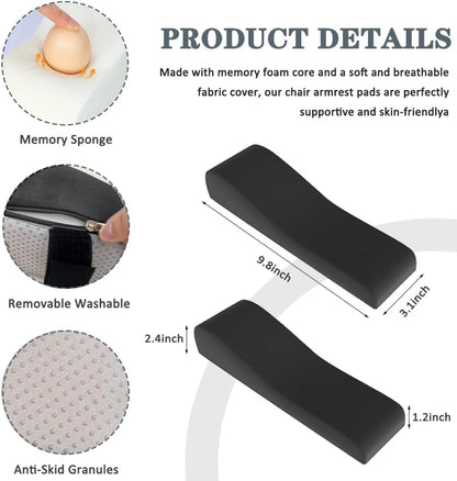 2 Pack Office Chair Armrest Pads Covers,Arm Rest Pad with Memory Foam Elbow Pillow for Forearm Pressure Relief, Arm Rest Covers for Office Chairs, Wheelchair, Comfy Gaming Chair (Black)