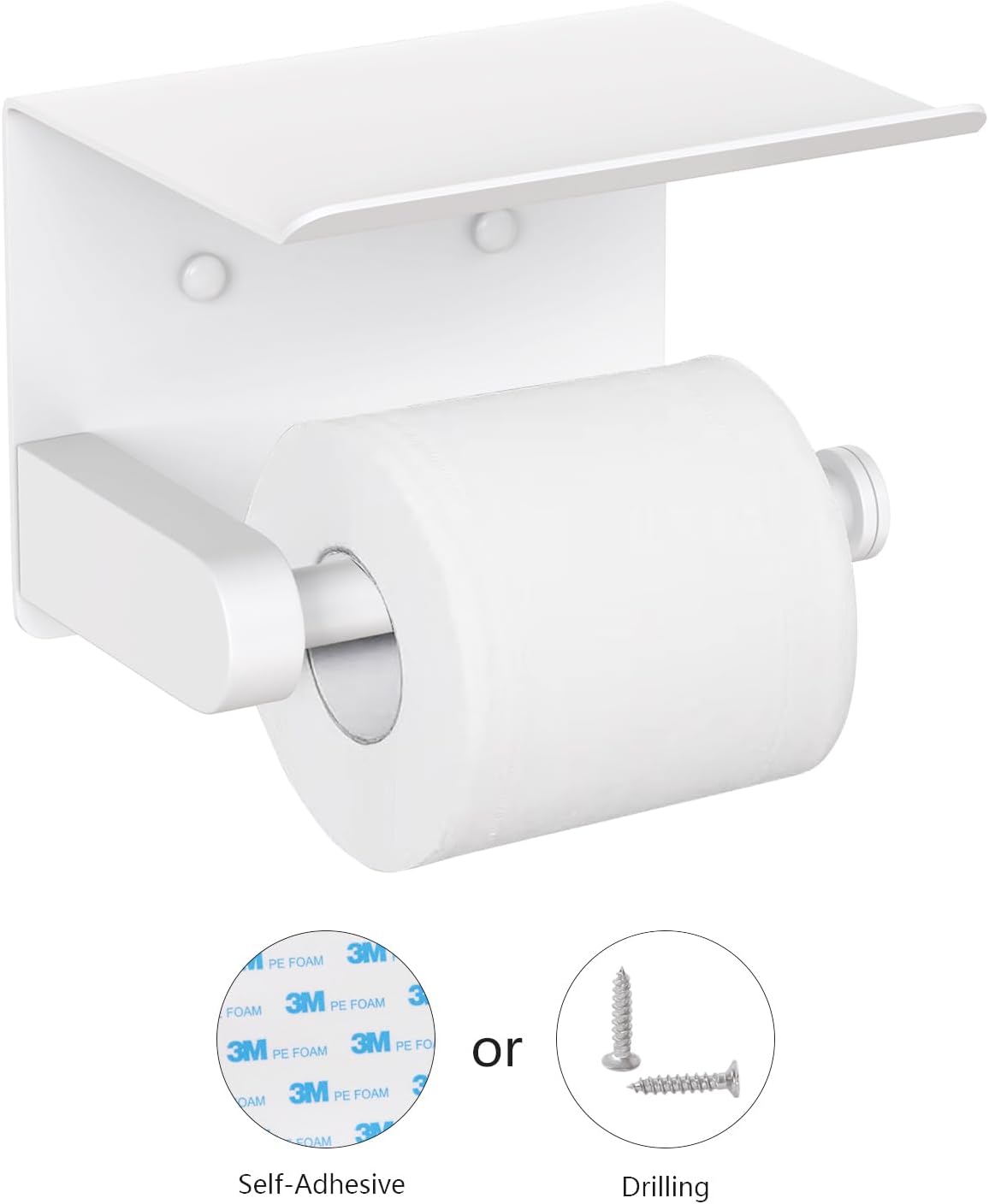 VAEHOLD Self Adhesive Toilet Paper Holder with Phone Shelf Stainless Steel Wall Mounted Toilet Paper Roll Holder - Rustproof and Bathroom Washroom Tissue Roll Holder with Shelf - Black