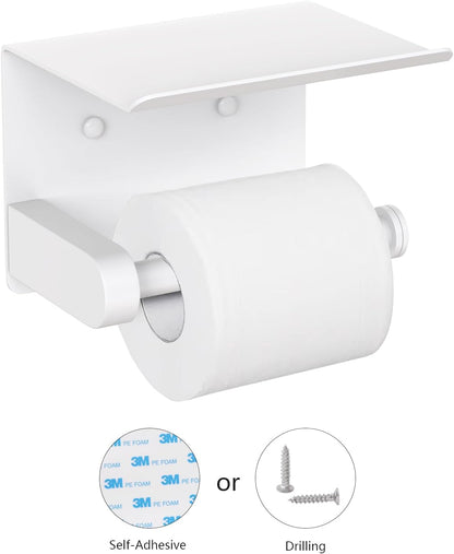 VAEHOLD Self Adhesive Toilet Paper Holder with Phone Shelf Stainless Steel Wall Mounted Toilet Paper Roll Holder - Rustproof and Bathroom Washroom Tissue Roll Holder with Shelf - Black