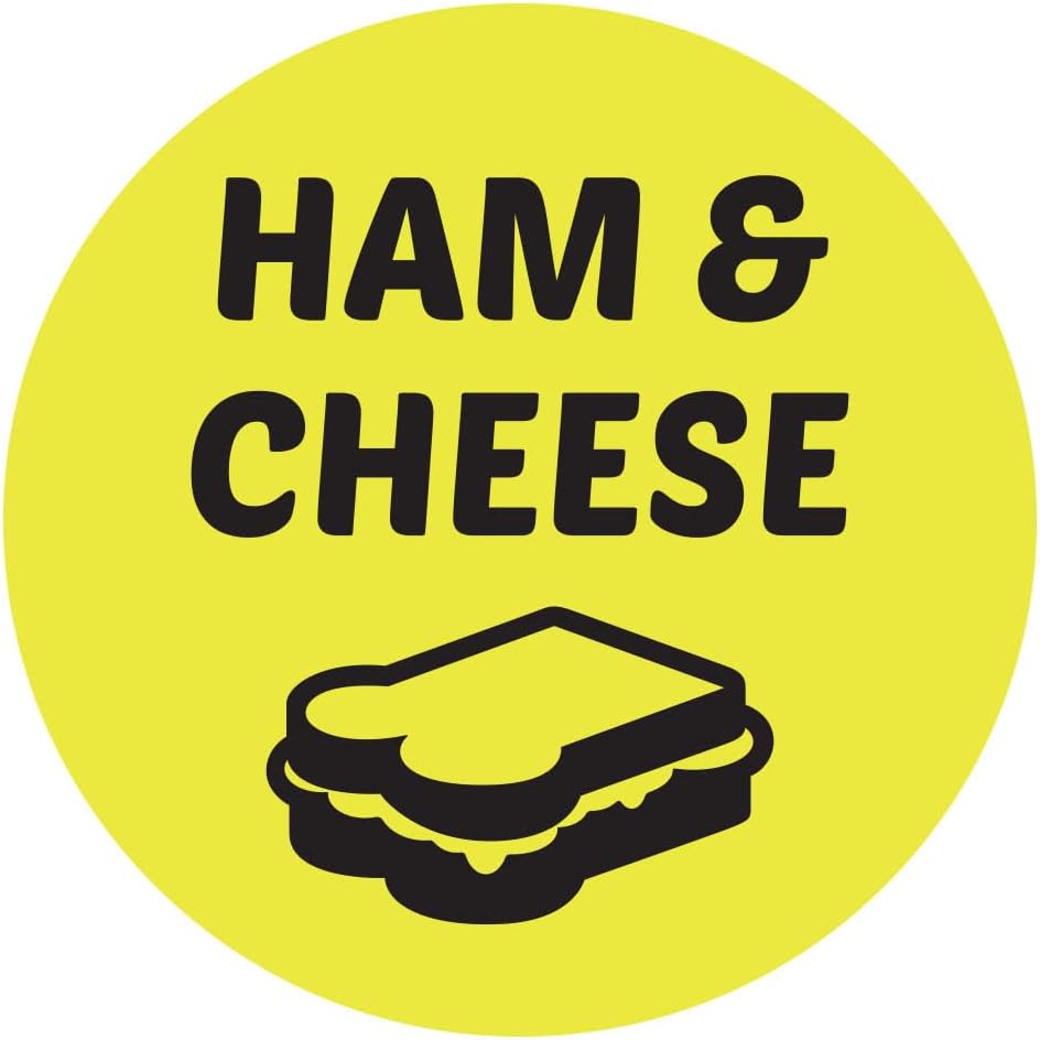 Ham & Cheese Stickers - 1 Inch Round Circle Food Labels in Bright Yellow for Restaurant Deli Food Truck Supermarket Grocery Store Stickers Food Menu Meal Choice Sticker Package Label - 300 Labels/Pack