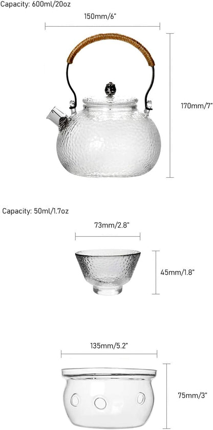 Glass Filtering Tea Maker Teapot with a Warmer and 6 Double-walled Tea Cups Set (Heating base, Standard)