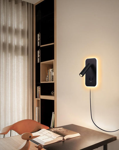 Wall Mounted LED Reading Light for Bed Headboard, Bedside Wall Sconces USB Charging, Night Light for Bedroom, Ambient Lighting Wall Mounted Sconce for Bedroom, Plug-in or Hardwired, Black