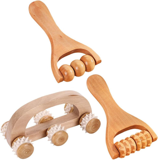 Lurrose Wooden Massage Roller Set 3Pcs Handheld Full Body Massager Tools for Foot Leg Back Pain Relief Portable Manual Massage Tool for Office Home Travel