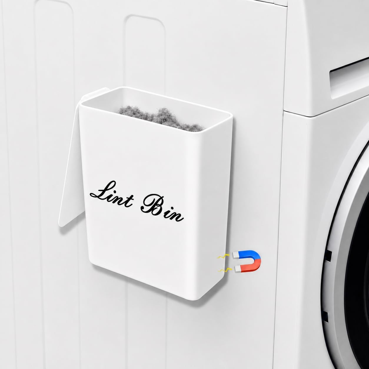 Artilife Magnetic Dryer Lint Bin with Lid, 6 x 5 in White ABS Plastic | Compact 1.8L dryer lint holder mounts to metal appliances without tools; fitted lid hides lint and sheets for laundry room