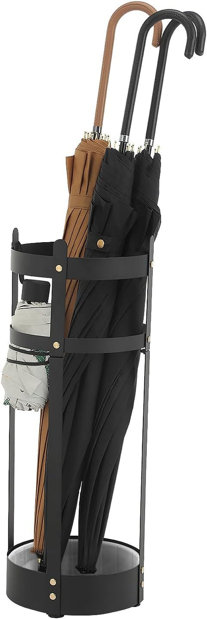 SONGMICS Umbrella Stand, Steel Round Umbrella Holder Rack, 7.7 x 7.7 x 21.7 Inches, with Detachable Drip Tray, for Entryway, Office, Stable, Assembly Required, Matte Black ULUC28BK