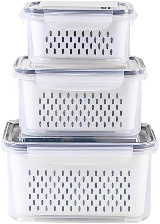 3-Pack BPA-Free Food Storage Containers with Lids & Removable Strainer – Airtight Fridge Organizer & Fresh Produce Keeper for Fruits, Vegetables & Meat, Dishwasher & Freezer Safe (0.85L, 1.75L, 3.3L)