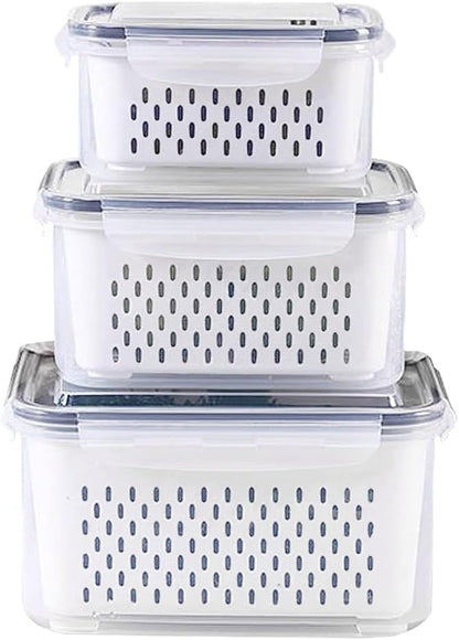 3-Pack BPA-Free Food Storage Containers with Lids & Removable Strainer – Airtight Fridge Organizer & Fresh Produce Keeper for Fruits, Vegetables & Meat, Dishwasher & Freezer Safe (0.85L, 1.75L, 3.3L)