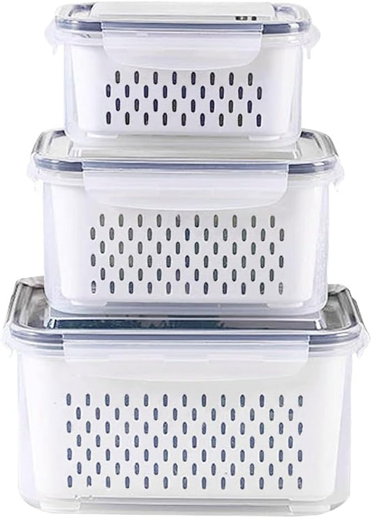 3-Pack BPA-Free Food Storage Containers with Lids & Removable Strainer – Airtight Fridge Organizer & Fresh Produce Keeper for Fruits, Vegetables & Meat, Dishwasher & Freezer Safe (0.85L, 1.75L, 3.3L)