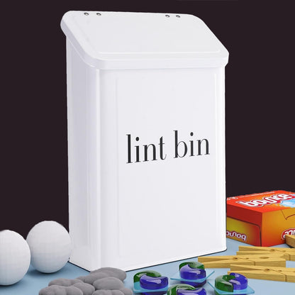Magnetic Lint Bin with Lint Brush, two white hooks, one black back hook & all accessories for Laundry Room decor, Wall-Mounted Lint Bin with Lid, Powder Coated, Space-Saving Trash Can (Black)