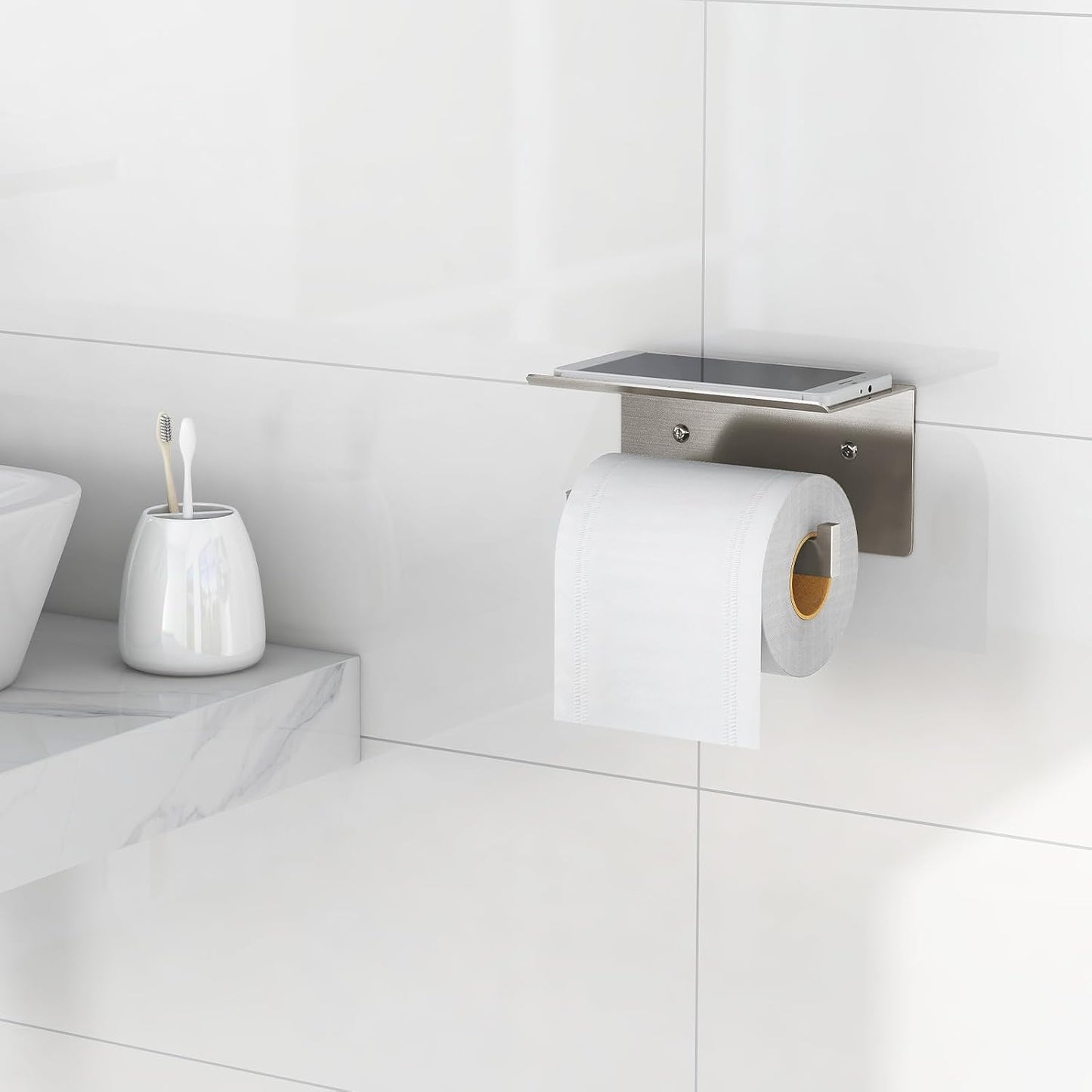 Gypie Toilet Paper Holder with Marble Shelf, Wall Mounted Matte Black | Toilet Roll Holder Black for Bathroom Washroom, Extended Base