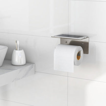 Gypie Toilet Paper Holder with Marble Shelf, Wall Mounted Matte Black | Toilet Roll Holder Black for Bathroom Washroom, Extended Base