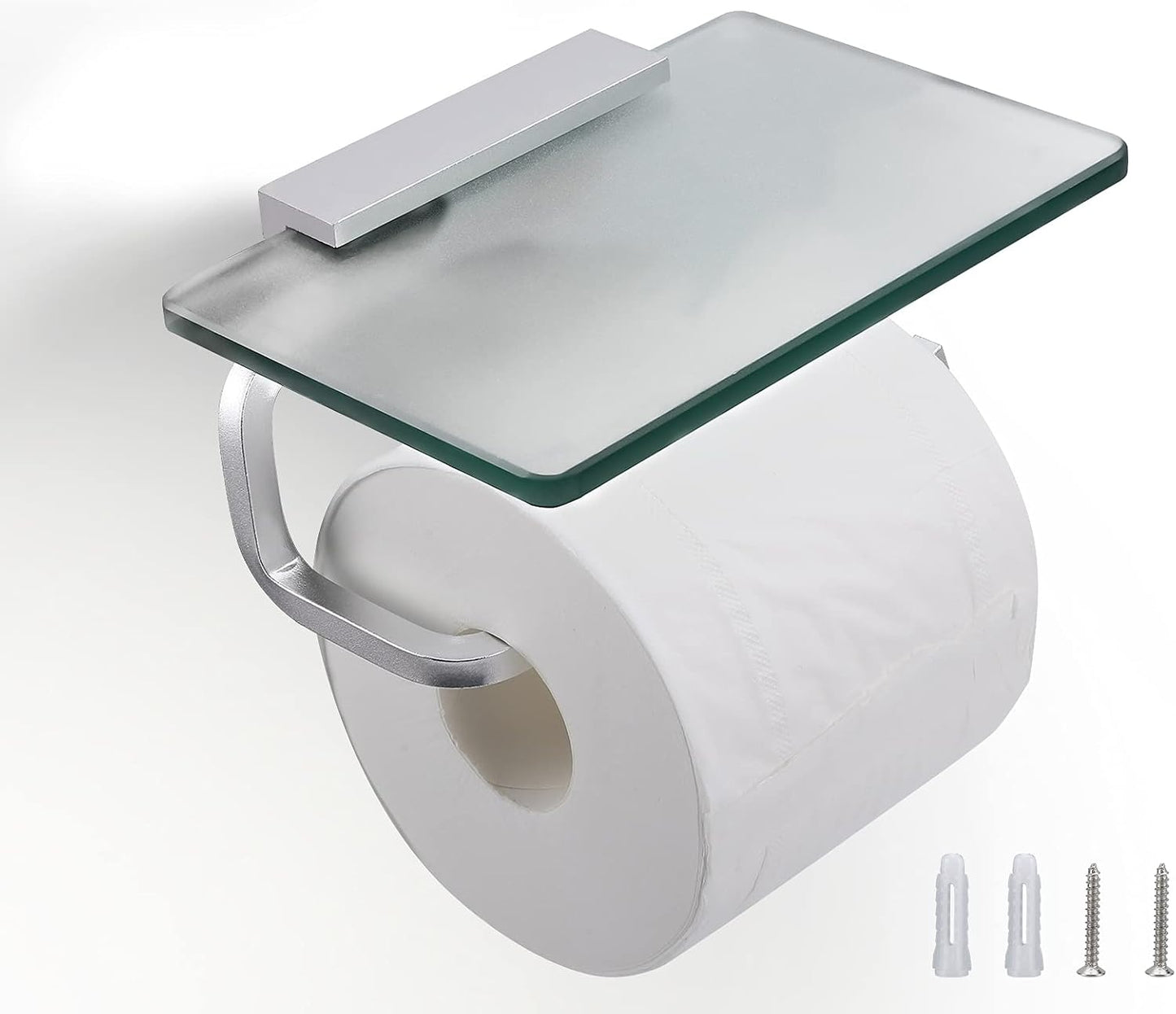Toilet Paper Holder with Tempered Glass Shelf, Toilet Roll Holder | Modern Bathroom Design, Phone Storage Rack, Steel Construction, Wall Mount, Frosted Finish, Screws or 3M Adhesive Option