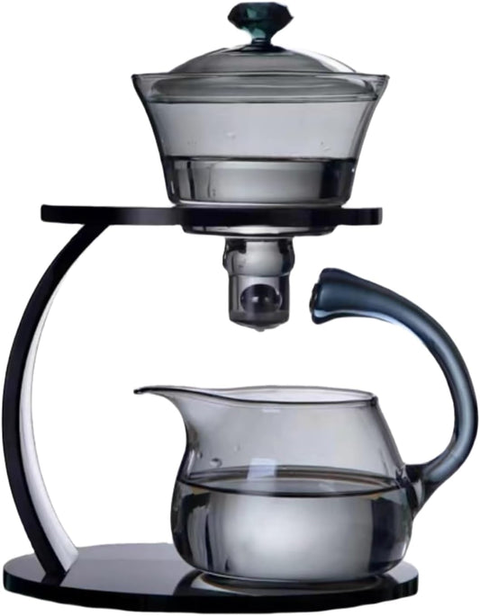 Glass Teapot Set Semi Automatic Drip Rotating with Infuser Chinese Heat-Resistant Lazy Kungfu Tea Set (Grey)