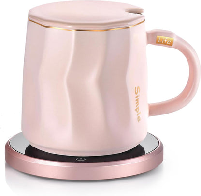 Coffee Mug Warmer Set, Smart Coffee Warmer for Desk Auto Shut Off, Cup Warmer for Office Home Use, 2 Temperature Control Heated, 13.5 oz Flat Bottom Coffee Mug, Gifts for Women, Matte Pink