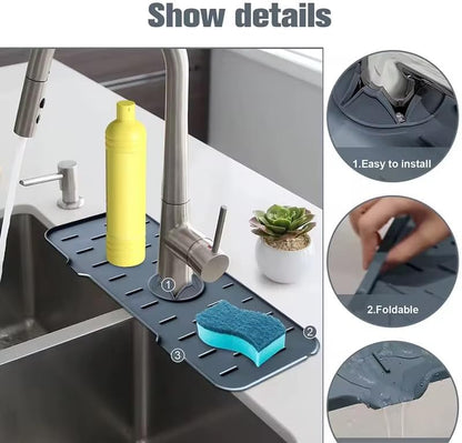 Silicone Sink Splash Guard for Faucet – Faucet Mat Drip Catcher, Kitchen Sink Water Guard, Behind Faucet Protector, Fast-Drying, Fits Most Sinks (14.5” x 5.5”, Dark Gray)