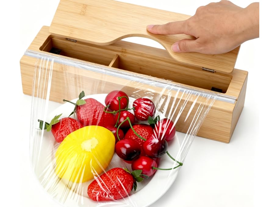 Plastic Wrap Dispenser with Cutter,Cling Wrap with Slide Cutter for Kitchen Storage Organization Holder for 12" Roll