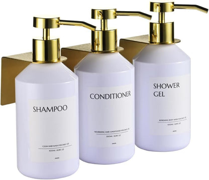 Shampoo and Conditioner Dispenser Set of 3 for Wall Mount | 16.9 fl oz Drill Free Shower Soap Bottles,Refillable Body Wash Dispensers for Bathroom Decor (Amber Bottles + Bamboo Pumps)