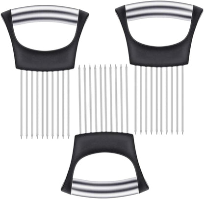 2Pcs onion slicer， Kitchen Prong Slicer for Vegetables and Meat, Stainless Steel Tines with Safety Handle, Black (2)