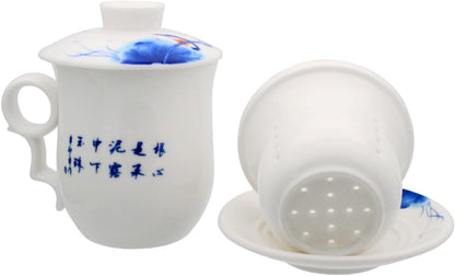 Porcelain Tea Cup with Infuser Lid and Saucer Sets - Chinese Jingdezhen Ceramics Coffee Mug Teacup Loose Leaf Tea Brewing System for Home Office