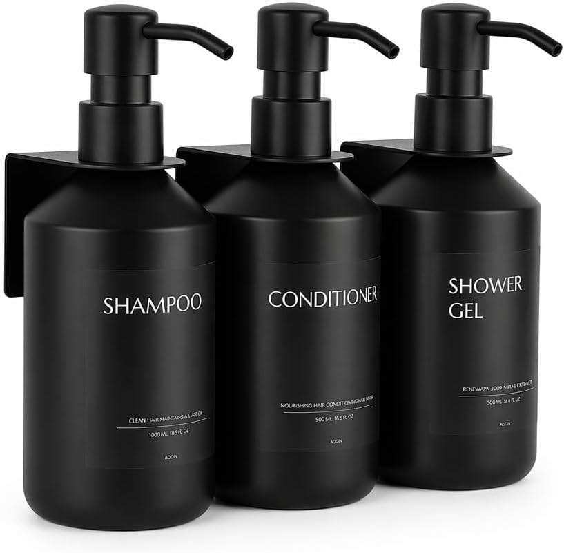 Shampoo and Conditioner Dispenser Set of 3 for Wall Mount | 16.9 fl oz Drill Free Shower Soap Bottles,Refillable Body Wash Dispensers for Bathroom Decor (Amber Bottles + Bamboo Pumps)