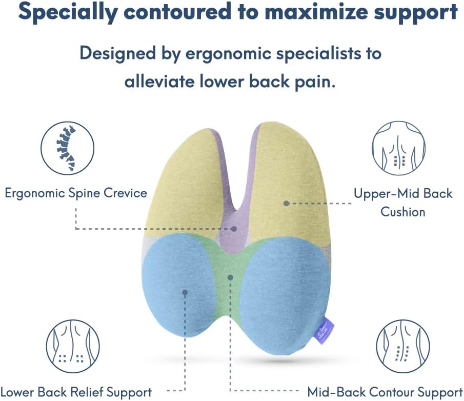 C CUSHION LAB Extra Dense Lumbar Pillow - Patented Ergonomic Multi-Region Firm Back Support for Lower Back Pain Relief - Lumbar Support Cushion with Strap for Office Chair, Car, Sofa, Plane - Grey