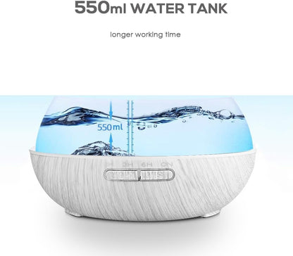 550ml Large Capacity Essential Oil Diffuser 6 Essentil Oil Set Aromatherapy Ultrasonic Air Humidifier with Timer and 7 Color LED Night Light Remote Control Waterless Auto-Off White Wood Grain