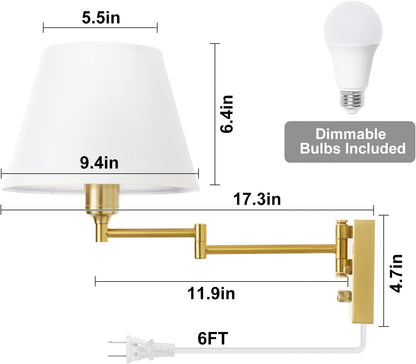 TRLIFE Wall Sconce Plug in, Dimmable Wall Sconces Set of Two Swing Arm Wall Lights with Plug in Cord and On/Off Dimmer Rotary Switch, 9.4" Medium Beige Fabric Shade(2 Pack, 2 Bulbs)
