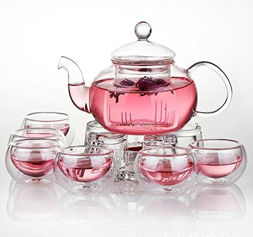 Jusalpha 11 PC-Glass Filtering Tea Maker Teapot with a Warmer and 6 Tea Cups Set (Version 2, 27-Oz) | 6 units of 1.7 oz tea cups, tea set comes with a 27 oz teapot with a removable infuser