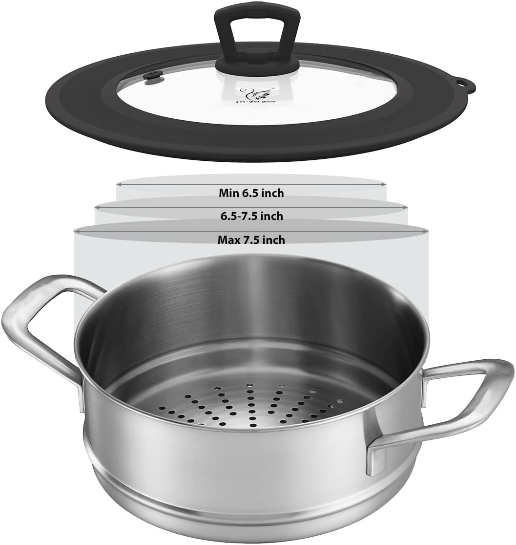 Vented Tempered Glass Universal Lid for Pot Pan Skillet with Heat Resistant Silicone Rim Microwave Splatter Lid Cover Microwave Safe Fit 11.5" 12" 12.5" Cookware, Dishwasher Safe Black