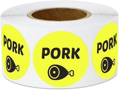 600 Pork Labels, 1" Round Pork Food Labels Meat Deli Pantry Catering Food Truck Grocery Store Menu Meal Choice Sticker Meat Package Stickers, Yellow - 2 Rolls of 300