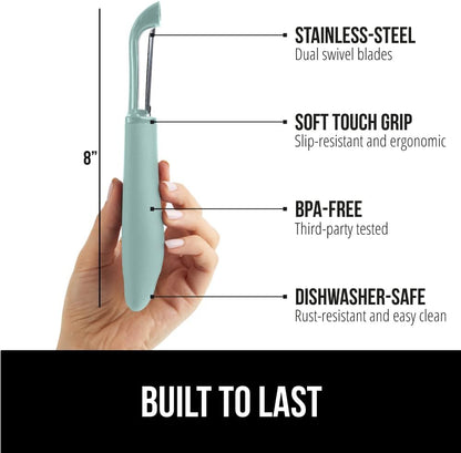 GORILLA GRIP® Patented BPA-Free Vegetable Peeler, Extra Sharp Swivel Stainless Steel Blades with Guard, Comfortable Soft Handle, Easily Peel Carrots or Fruit, Potato Eye Remover, Dishwasher Safe, Mint