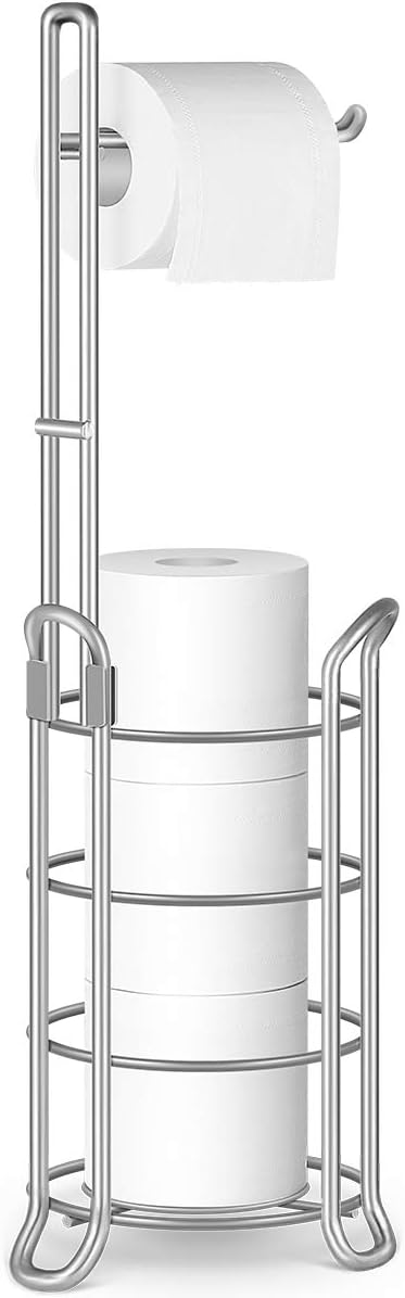 TomCare Toilet Paper Holder Free Standing with Shelf, Stable 4 Raised Feet | Stores 4 Mega Rolls, Tool-Free Assembly, Powder-Coated Metal Frame, Bathroom Storage Organizer for Spare Rolls, Silver