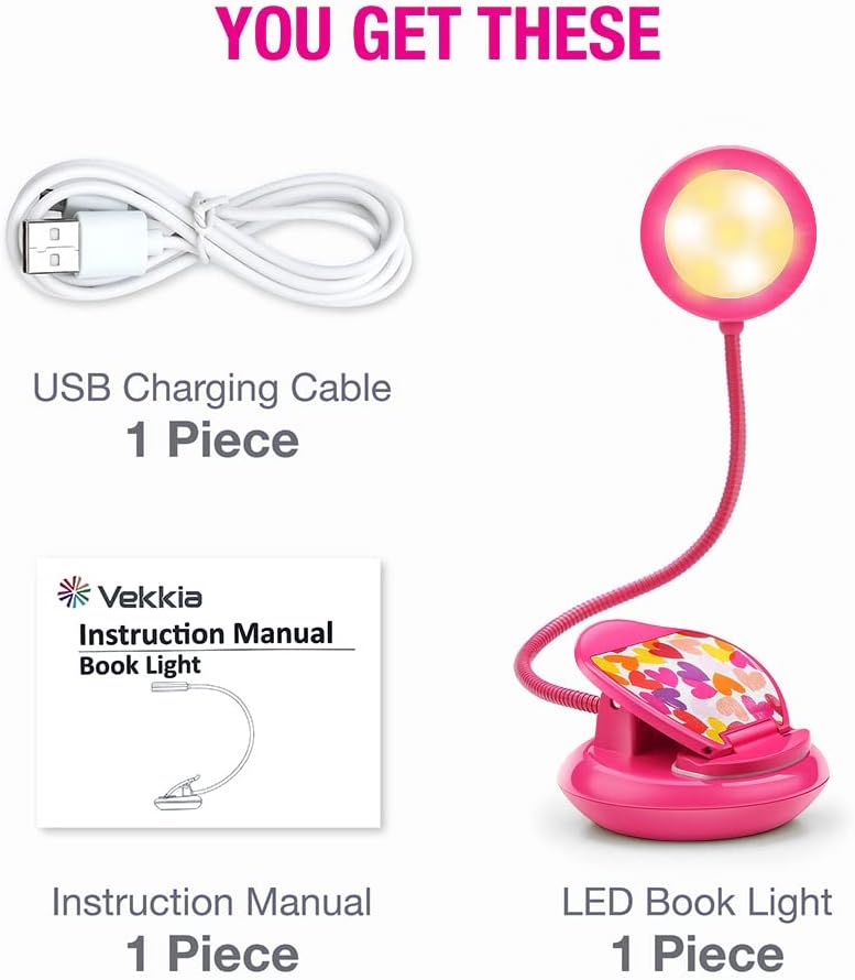 Vekkia Cute Rechargeable Book Light Eye-Care Clip on Lights (Rose Red)