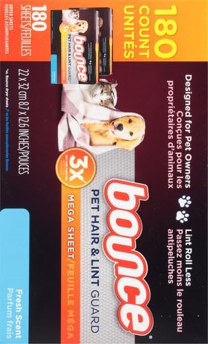 Bounce Pet Hair and Lint Guard Mega Dryer Sheets with 3X Pet Hair Fighters, Fresh Scent, 180 Count