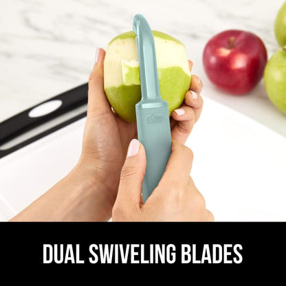 GORILLA GRIP® Patented BPA-Free Vegetable Peeler, Extra Sharp Swivel Stainless Steel Blades with Guard, Comfortable Soft Handle, Easily Peel Carrots or Fruit, Potato Eye Remover, Dishwasher Safe, Blue
