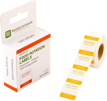 Restaurantware RW Smart 1 Inch x 1 Inch Food Rotation Labels 500 Dissolvable Food Safety Labels - Premium Trilingual Orange Paper Day Of The Week Labels For Food Storage Or Prep Saturday