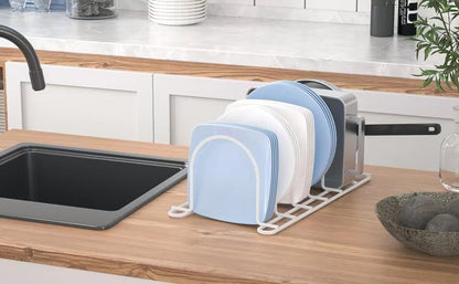 JAQ Plate Rack for Cabinet, 10.5" Vertical Dish Organizer for Plates, Pot Lids, Cutting Boards & Baking Sheets, Metal Kitchen Cabinet Organizer (1-Pack, White)