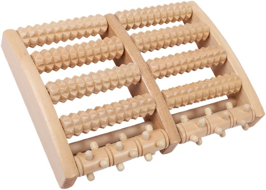 Wooden Dual Foot Massager Roller with Five Row Beads for Feet